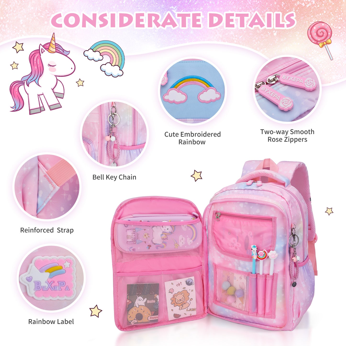 BYXEPA Backpacks for Girls School Cute Kids Backpack Bookbags with Insulated Lunch Box Set for School Elementary girl, Tie Dye School Bag with Laptop Compartments 16*11.5*7.5, Galaxy Pink