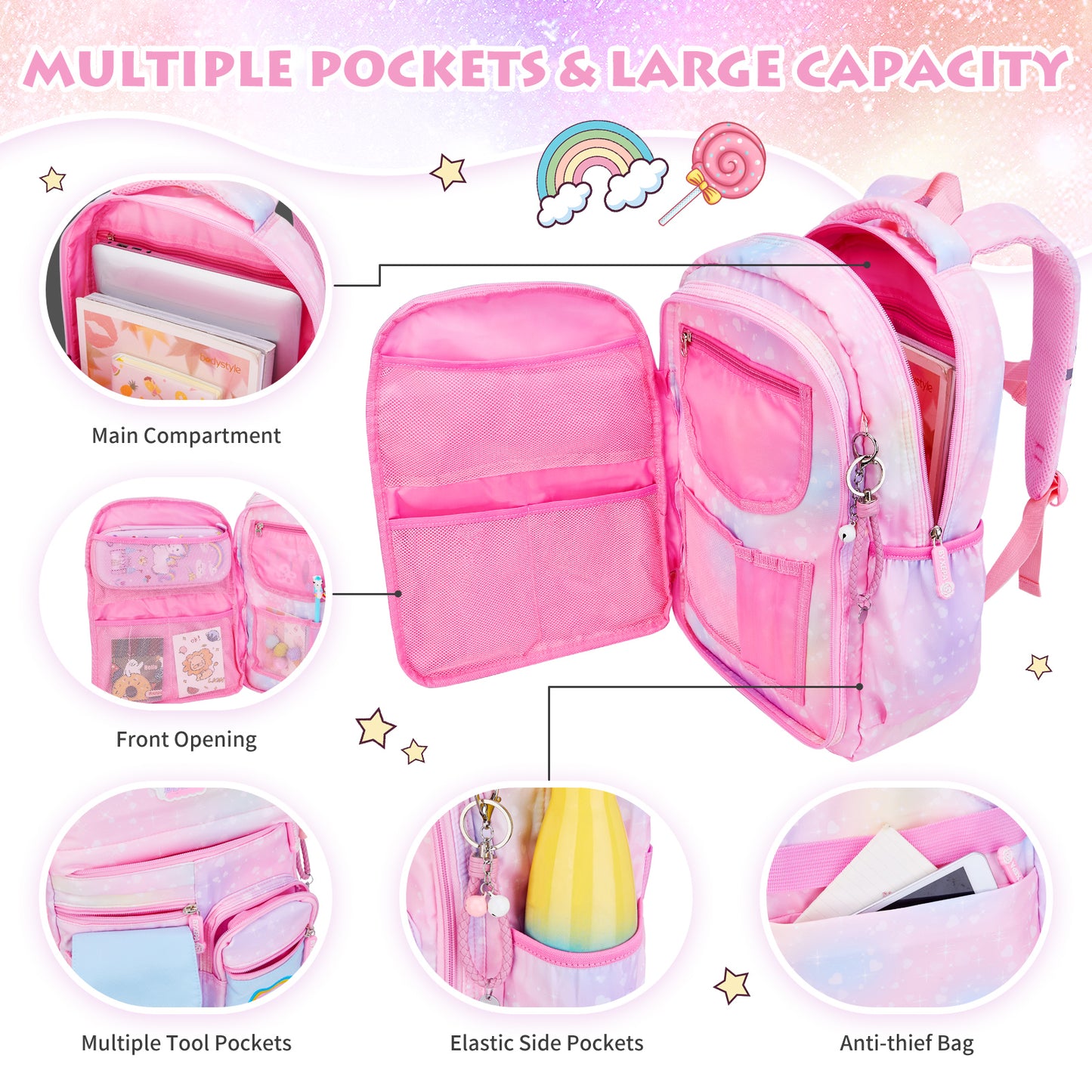 BYXEPA Backpacks for Girls School Cute Kids Backpack Bookbags with Insulated Lunch Box Set for School Elementary girl, Tie Dye School Bag with Laptop Compartments 16*11.5*7.5, Galaxy Pink