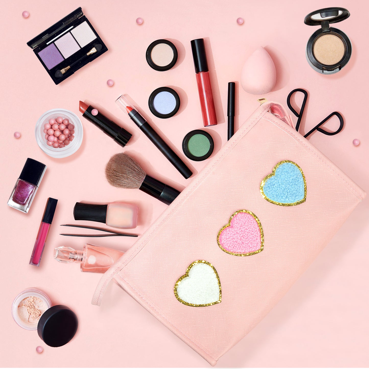 BYXEPA Preppy Heart Makeup Bag with Pocket Cosmetic Bag Waterproof Pink Make up Travel Accessories Case Kids Portable Storage for Teen Girls Gift
