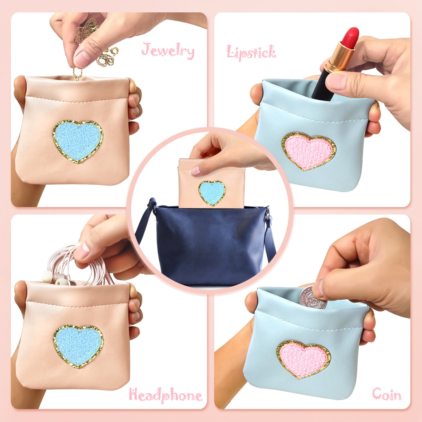 BYXEPA Coin Purse 2 Pack Change Purses Small PU Leather Cosmetic Bag Pocket Heart Makeup Organizer Cute Portable Waterproof Jewelry Travel Case for Girls Kids