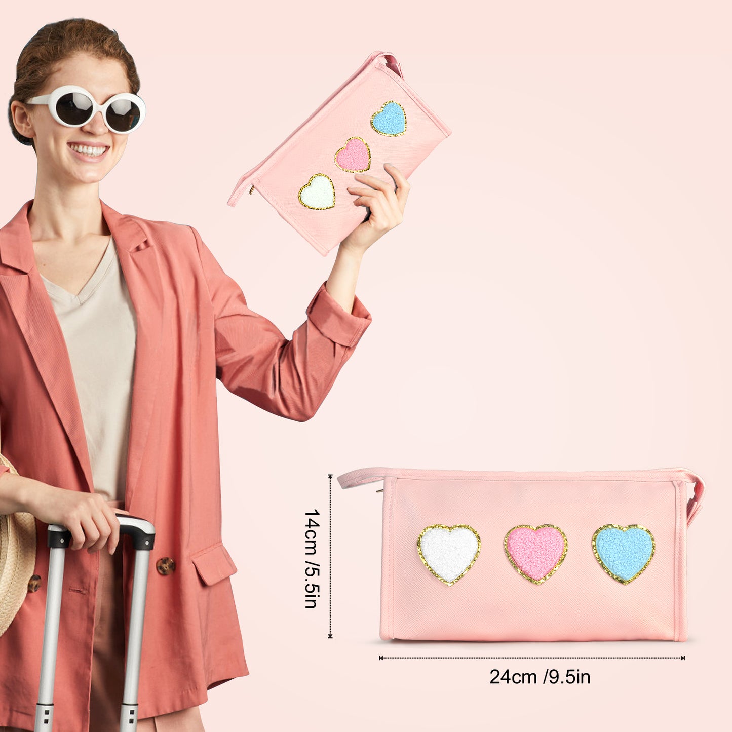 BYXEPA Preppy Heart Makeup Bag with Pocket Cosmetic Bag Waterproof Pink Make up Travel Accessories Case Kids Portable Storage for Teen Girls Gift