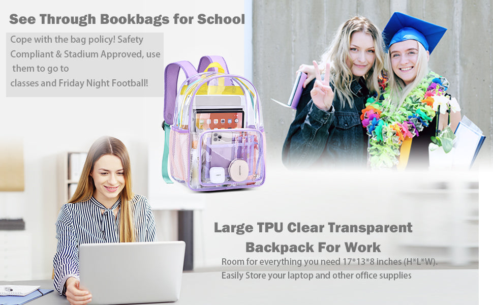 BYXEPA Clear Backpack Heavy Duty, 17in TPU Transparent Backpacks Large Capacity, Clear Book Bag for Teen Girls Women Kid to Elementary Middle School College Travel Security - Lavender