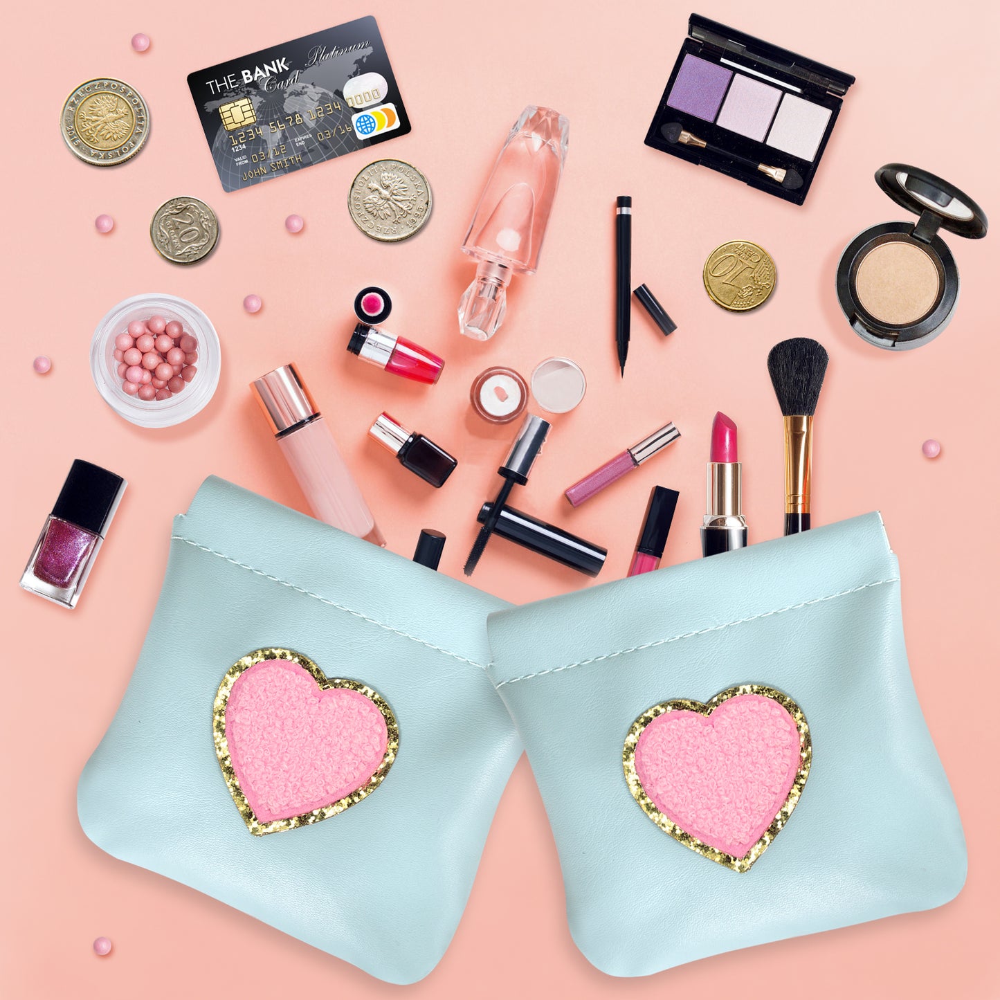 BYXEPA Coin Purse 4 Pack Change Purses Small PU Leather Cosmetic Bag Pocket Heart Makeup Organizer Cute Portable Waterproof Jewelry Travel Case for Girls Kids (2 Pink + 2 Blue)