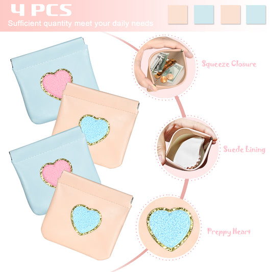 BYXEPA Coin Purse 4 Pack Change Purses Small PU Leather Cosmetic Bag Pocket Heart Makeup Organizer Cute Portable Waterproof Jewelry Travel Case for Girls Kids (2 Pink + 2 Blue)