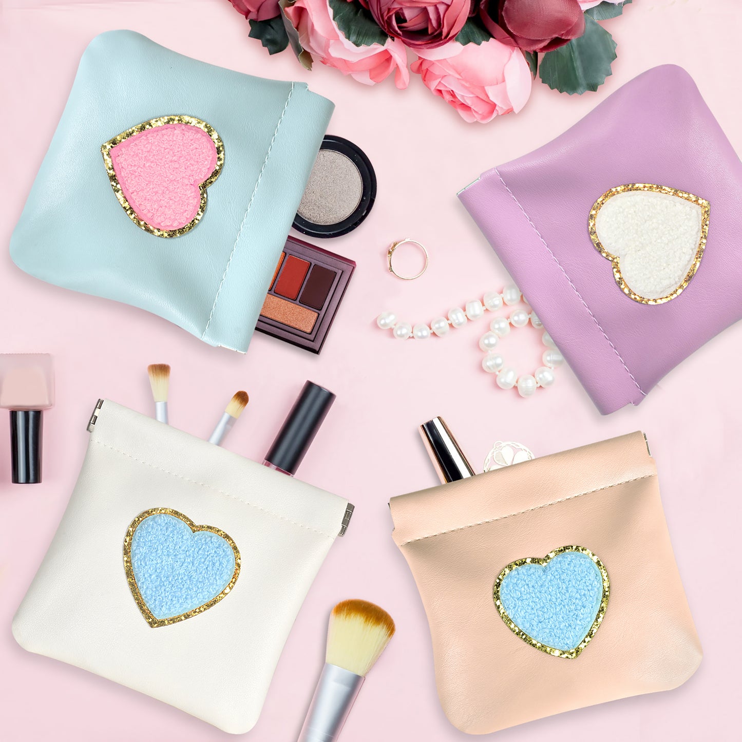 BYXEPA Coin Purse 2 Pack Change Purses Small PU Leather Cosmetic Bag Pocket Heart Makeup Organizer Cute Portable Waterproof Jewelry Travel Case for Girls Kids