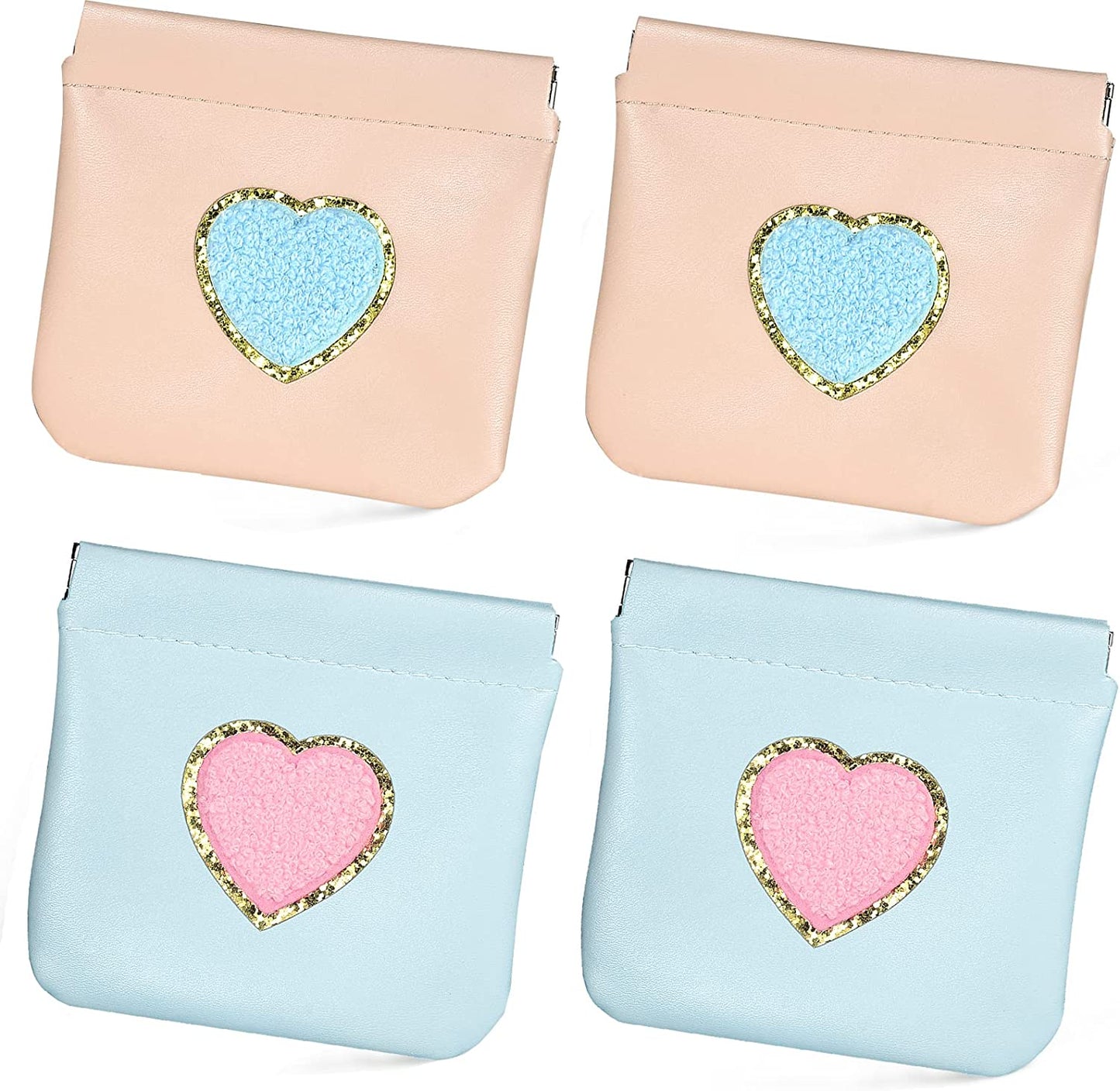 BYXEPA Coin Purse 4 Pack Change Purses Small PU Leather Cosmetic Bag Pocket Heart Makeup Organizer Cute Portable Waterproof Jewelry Travel Case for Girls Kids (2 Pink + 2 Blue)