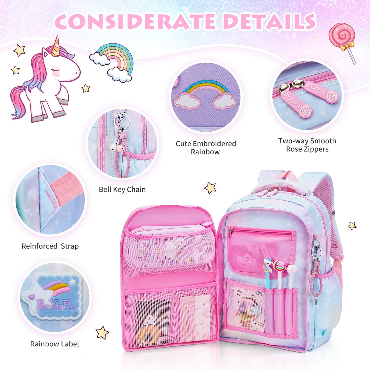 BYXEPA School Backpacks with Compartments for Elementary Girls Kids, Blue