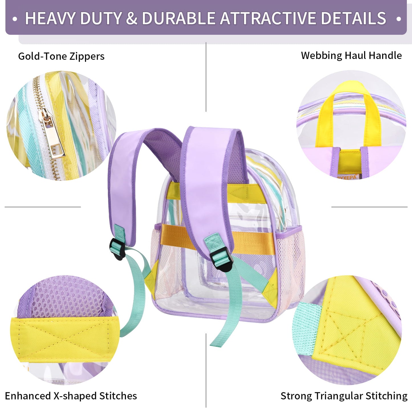 Clear Mini Backpack Stadium Approved TPU Heavy Duty 12*12*6 Waterproof Transparent Backpacks Book Bag for Teens Girls Women Concerts, Sporting Event, Beach, Travel, Work, School, Security- Lavender