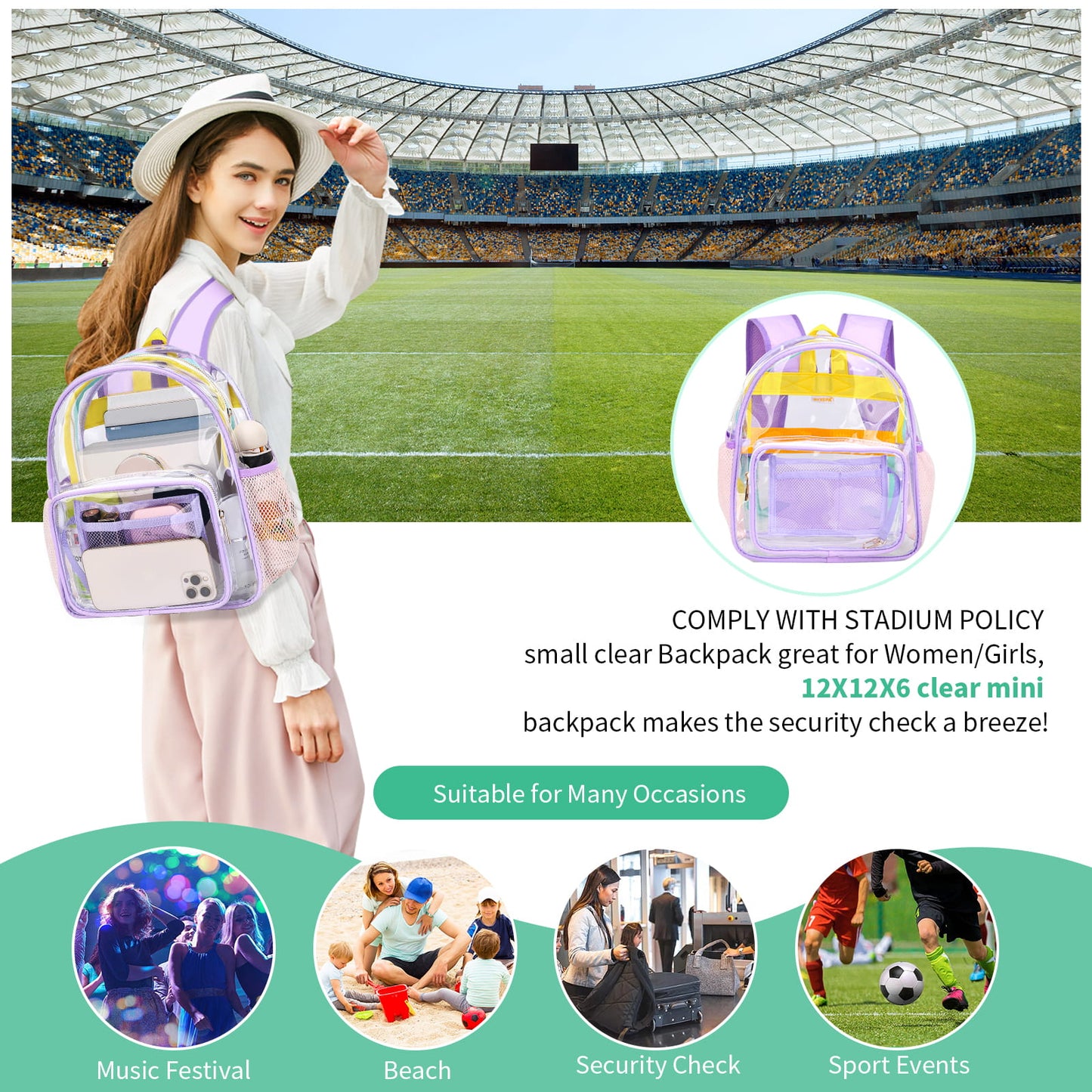Clear Mini Backpack Stadium Approved TPU Heavy Duty 12*12*6 Waterproof Transparent Backpacks Book Bag for Teens Girls Women Concerts, Sporting Event, Beach, Travel, Work, School, Security- Lavender