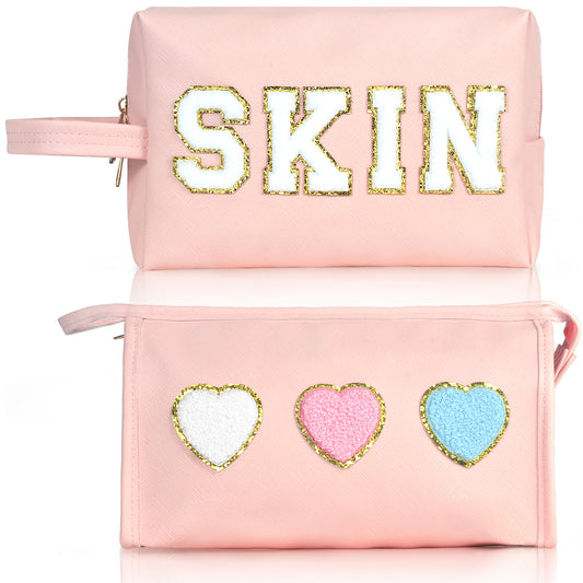 BYXEPA 2 Pack Preppy Makeup Bag PU Leather Heart SKIN Roomy Aesthetic Make Up Bag Travel Waterproof Pouch Gift Cute Accessories