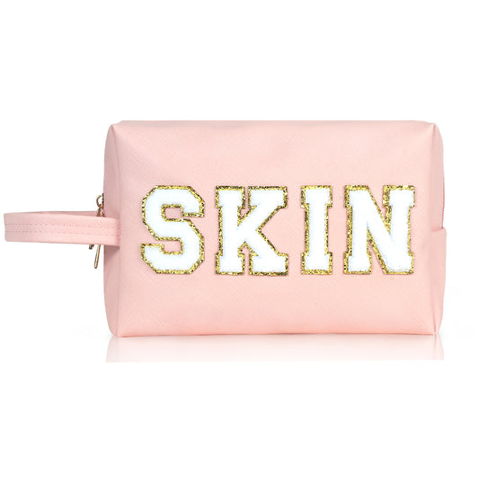 BYXEPA Makeup Bag Preppy Cosmetic Bag with Net Pocket SKIN Bags Waterproof Compliant Bag Case for Girls Kids Gift Daily Travel Use Accessories