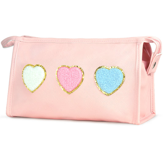BYXEPA Preppy Heart Makeup Bag with Pocket Cosmetic Bag Waterproof Pink Make up Travel Accessories Case Kids Portable Storage for Teen Girls Gift