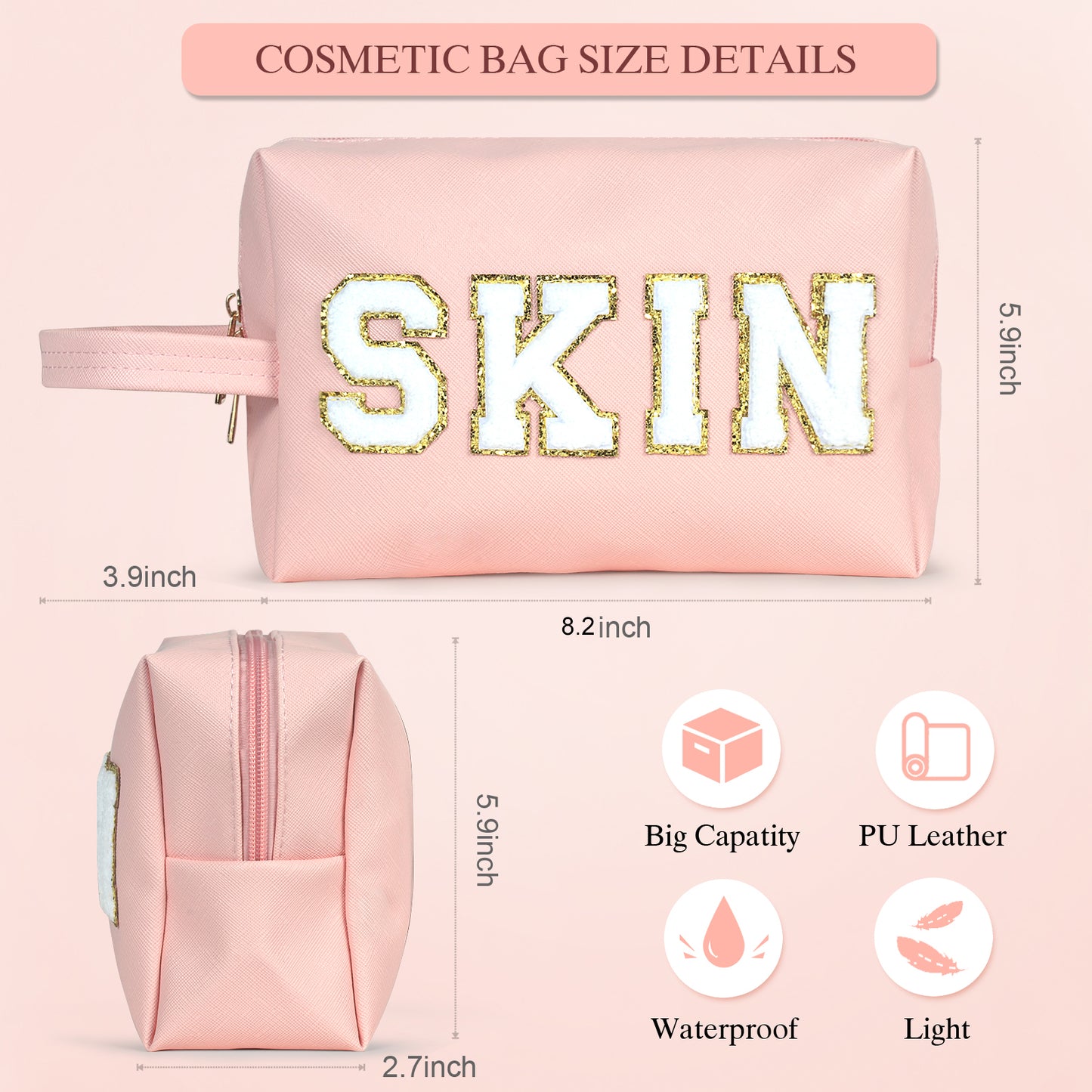 BYXEPA Makeup Bag Preppy Cosmetic Bag with Net Pocket SKIN Bags Waterproof Compliant Bag Case for Girls Kids Gift Daily Travel Use Accessories