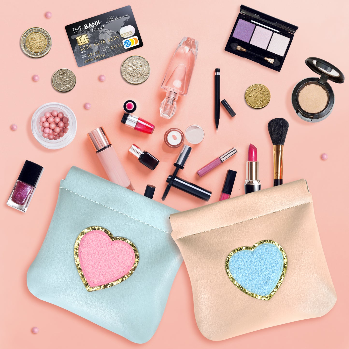 BYXEPA Coin Purse 2 Pack Change Purses Small PU Leather Cosmetic Bag Pocket Heart Makeup Organizer Cute Portable Waterproof Jewelry Travel Case for Girls Kids