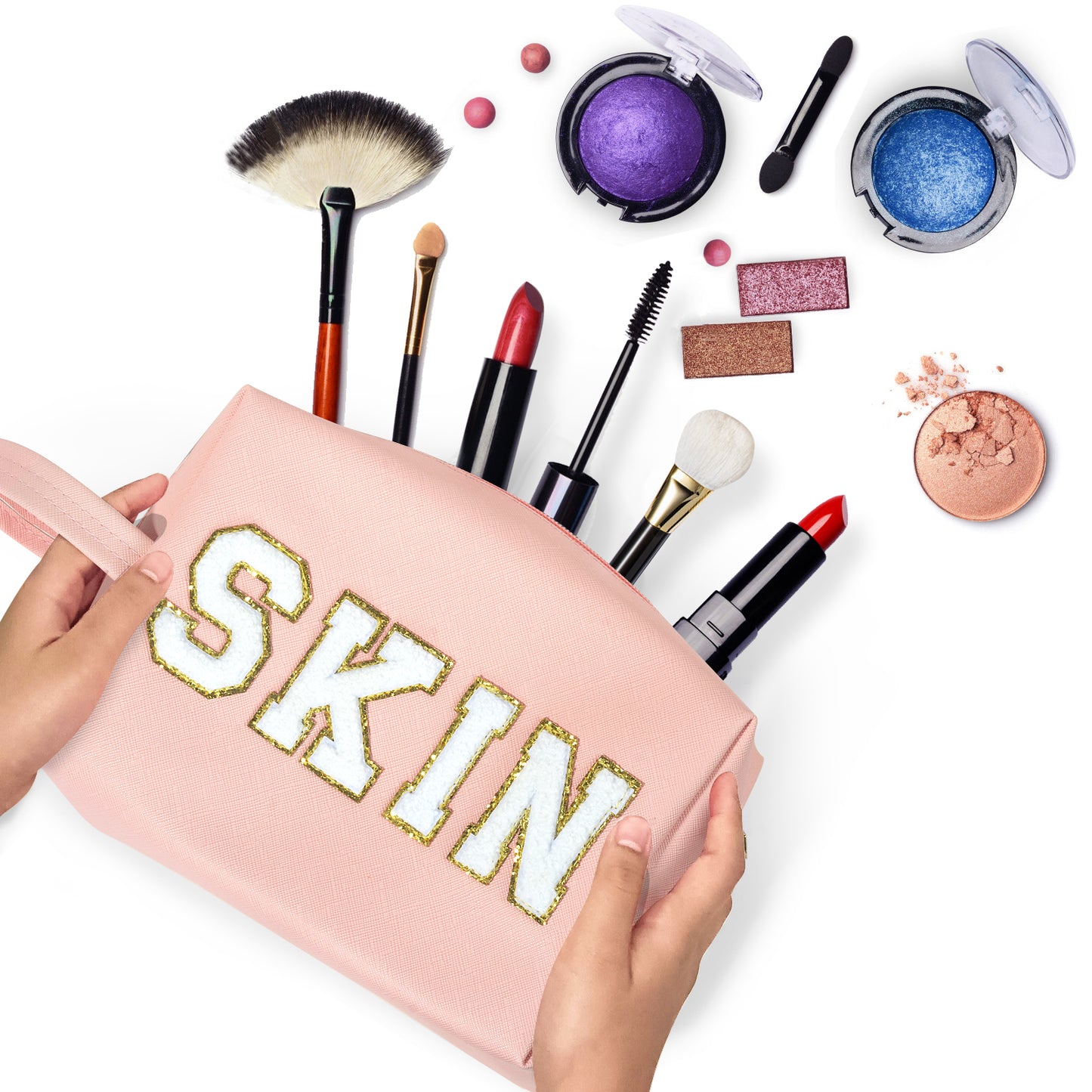 BYXEPA Makeup Bag Preppy Cosmetic Bag with Net Pocket SKIN Bags Waterproof Compliant Bag Case for Girls Kids Gift Daily Travel Use Accessories