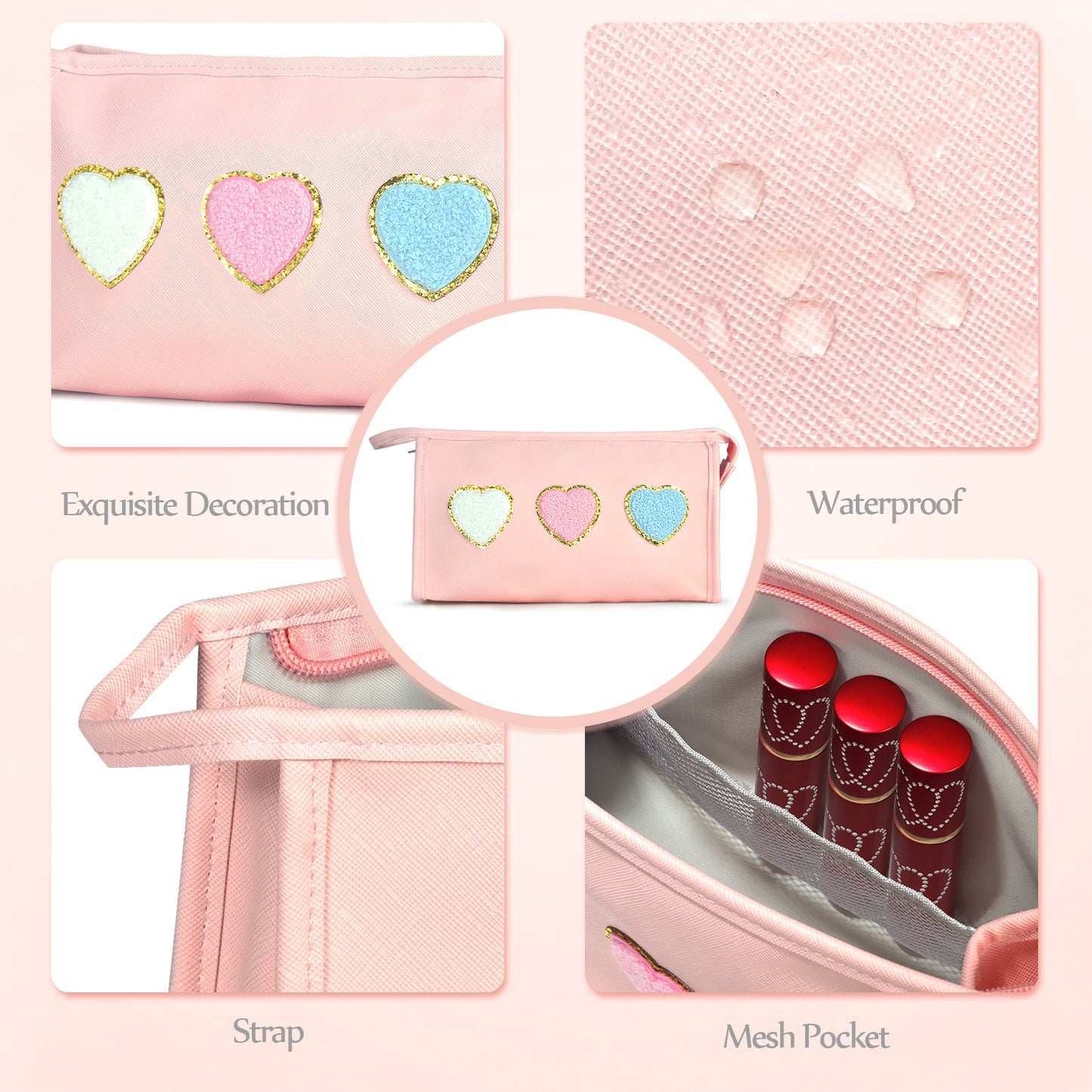 BYXEPA Preppy Heart Makeup Bag with Pocket Cosmetic Bag Waterproof Pink Make up Travel Accessories Case Kids Portable Storage for Teen Girls Gift
