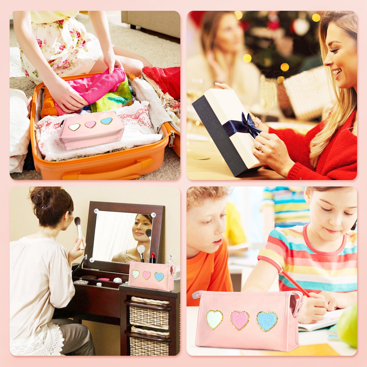 BYXEPA Preppy Heart Makeup Bag with Pocket Cosmetic Bag Waterproof Pink Make up Travel Accessories Case Kids Portable Storage for Teen Girls Gift