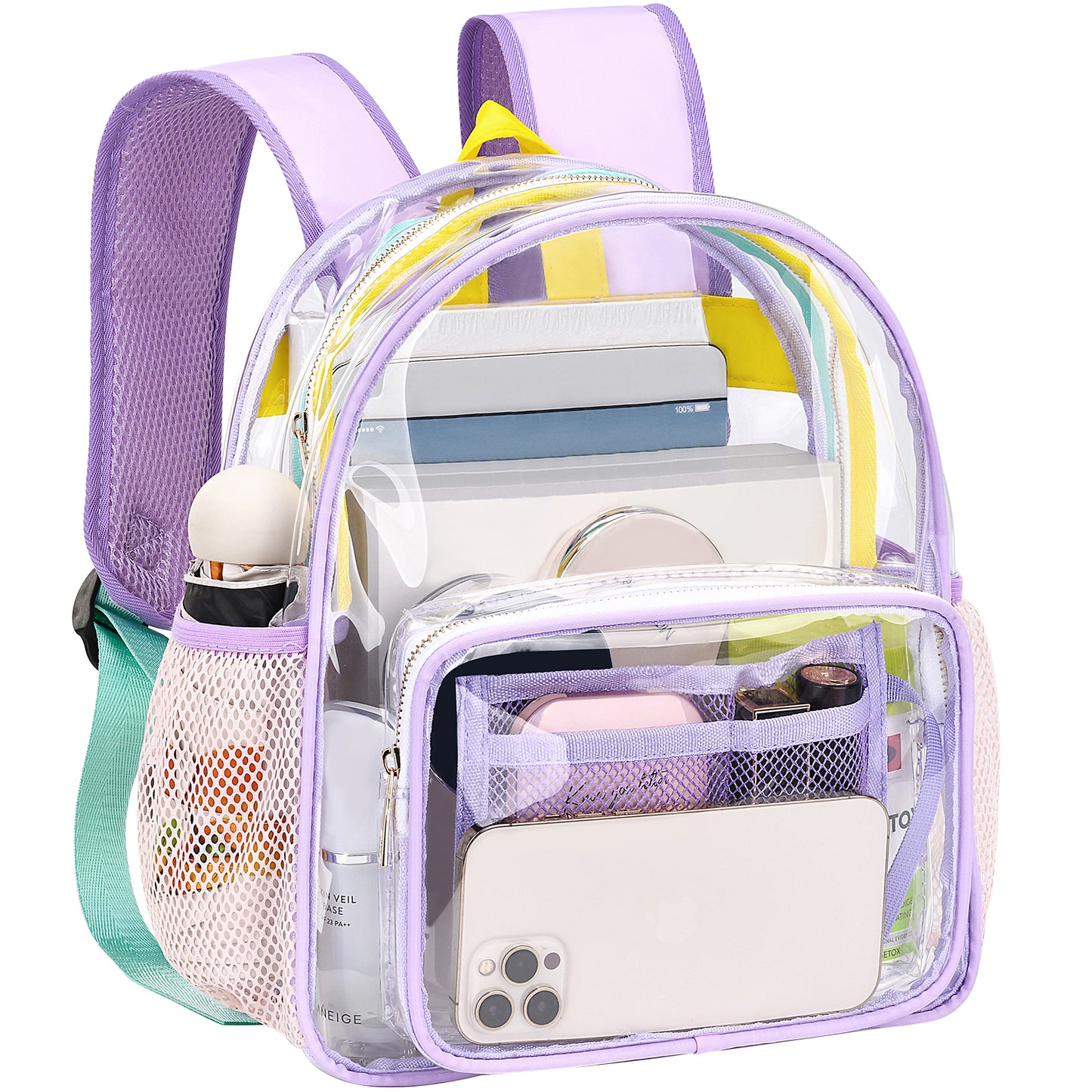Clear Mini Backpack Stadium Approved TPU Heavy Duty 12*12*6 Waterproof Transparent Backpacks Book Bag for Teens Girls Women Concerts, Sporting Event, Beach, Travel, Work, School, Security- Lavender