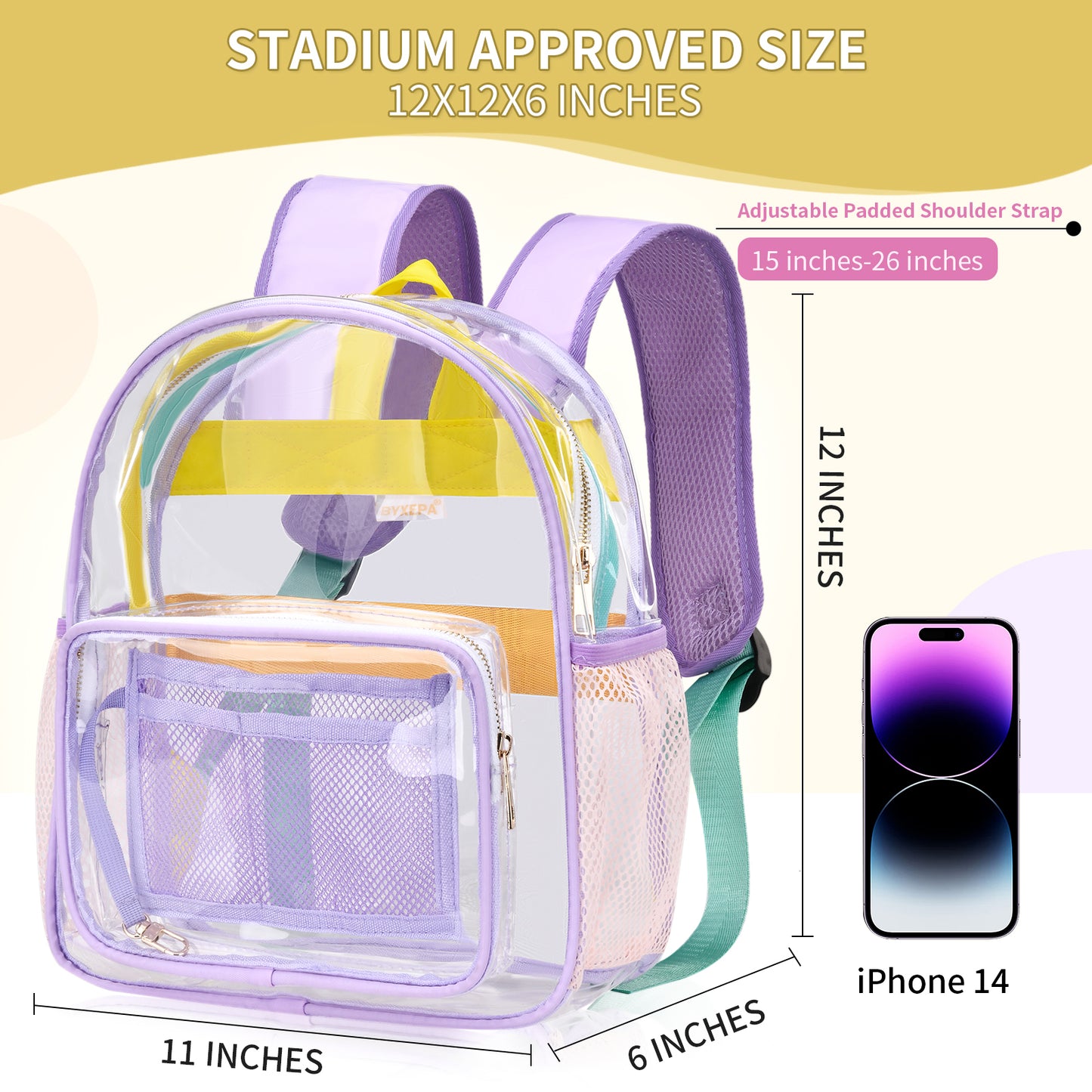 Clear Mini Backpack Stadium Approved TPU Heavy Duty 12*12*6 Waterproof Transparent Backpacks Book Bag for Teens Girls Women Concerts, Sporting Event, Beach, Travel, Work, School, Security- Lavender