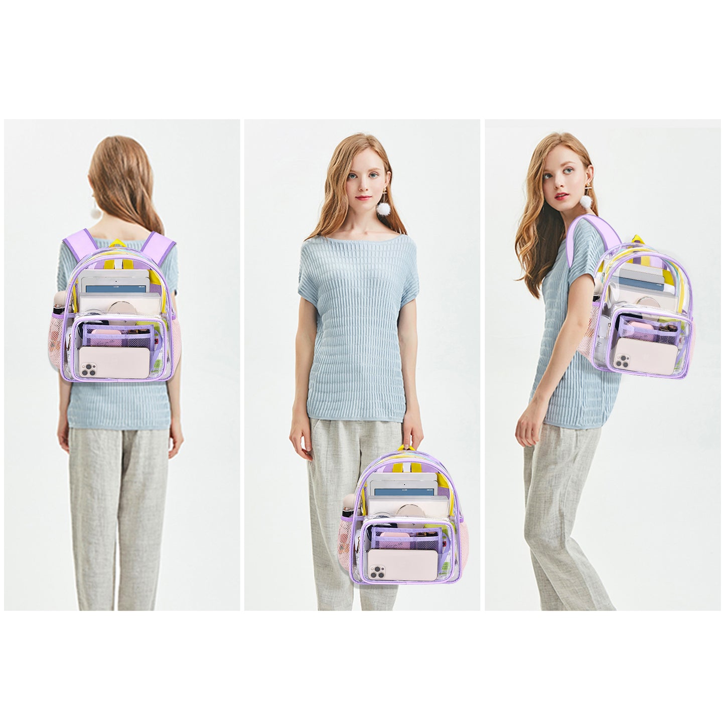 Clear Mini Backpack Stadium Approved TPU Heavy Duty 12*12*6 Waterproof Transparent Backpacks Book Bag for Teens Girls Women Concerts, Sporting Event, Beach, Travel, Work, School, Security- Lavender